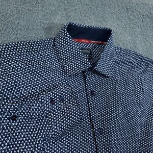 Buffalo David Bitton M 15-15.5  Slim Stretch Blue White Polka Dot Dress Shirt